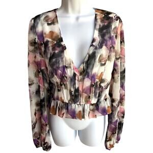 House of Harlow x Revolve Chiffon Blouse with Plunging Neck, Ruffled Hem size M